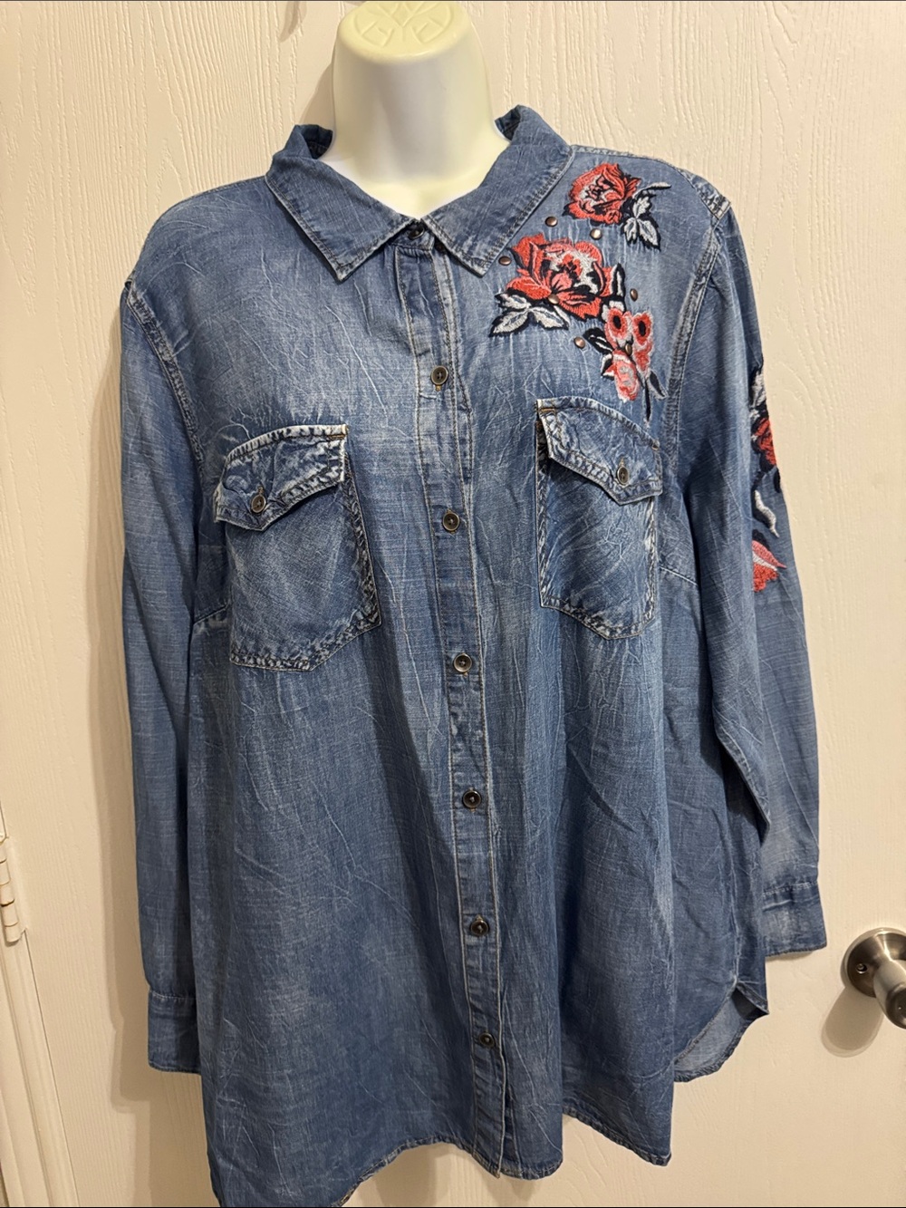 Distressed Embroidered Floral Studded Button Down Collared Denim Blouse Top 1X